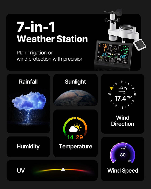 Išmanioji meteorologinė stotelė VEVOR YT60307, 7-in-1 jutiklis ir Wi-Fi ryšys