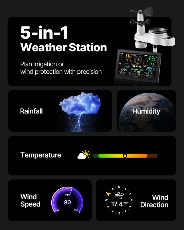 Meteorologinė stotelė VEVOR YT60308, 5-in-1 su Wi-Fi
