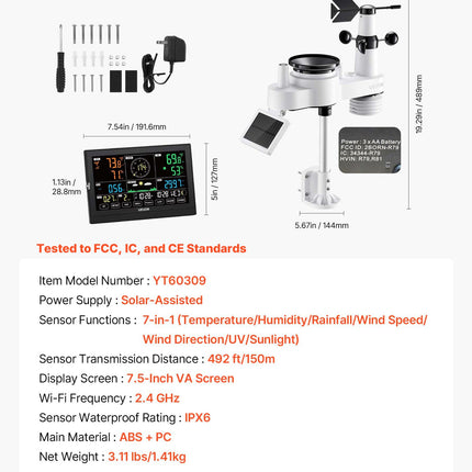 Belaidė meteorologinė stotelė VEVOR YT60309, 7,5 colių VA ekranas