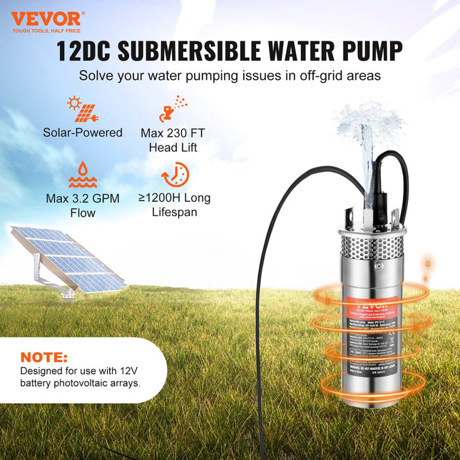 Saulės energija varomas vandens siurblys VEVOR SPX-12V, 120W