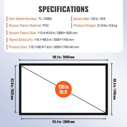 Projektoriaus ekranas VEVOR 130", 4K HDTV fiksuotas rėmas.