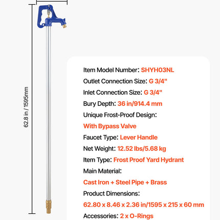 Lauko hidrantas VEVOR SHYH03NL, 914,4 mm įkasimo gylis