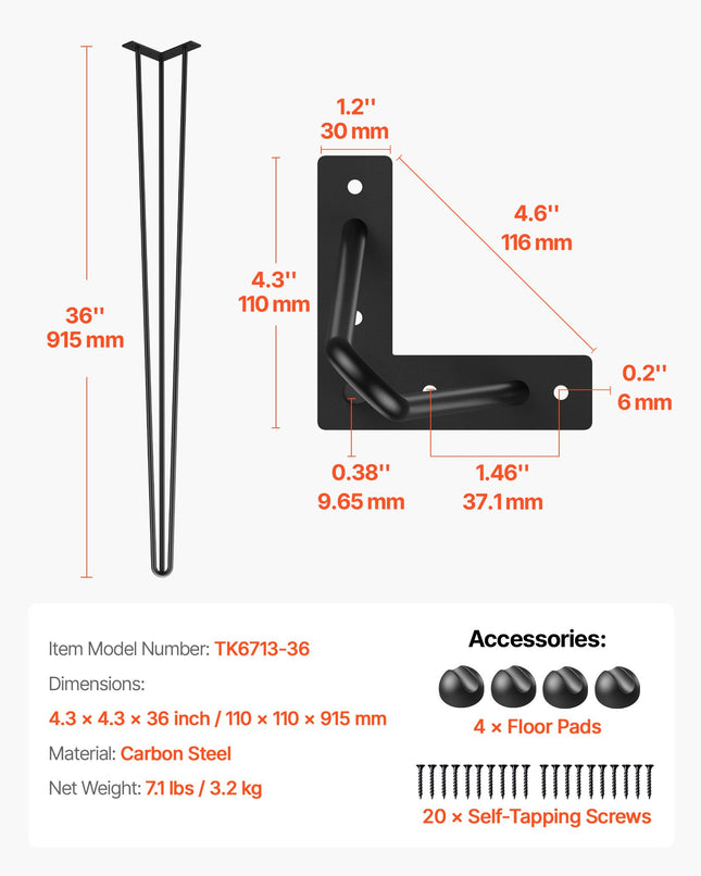 Hairpin tipo stalo kojos VEVOR, 91,4 cm aukščio