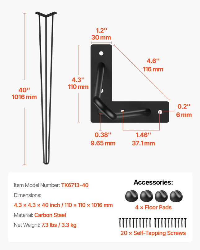Hairpin tipo stalo kojos VEVOR 101,6 cm (4 vnt.), 100 kg apkrova
