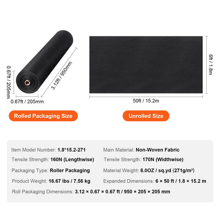 Neaustinė geotekstilė VEVOR 1.8x15.2 m, 271 g/m²