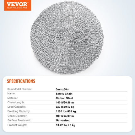 Grandinė VEVOR 3mm x 30.48m, 149 kg darbinė apkrova