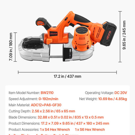 Akumuliatorinis juostinis pjūklas VEVOR BW2110, 65 mm pjovimo gylis
