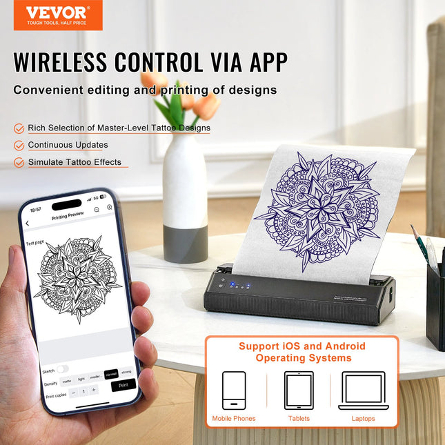 Tatuiruočių trafaretų spausdintuvas VEVOR MHT-P8008, bevielis Bluetooth ryšys