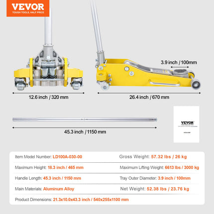 Žemo profilio hidraulinis domkratas VEVOR LD100A-030-00, 3 t