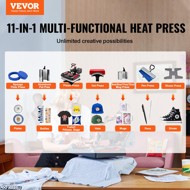 Termopresas sublimacijai VEVOR P8100, 11-in-1 rinkinys