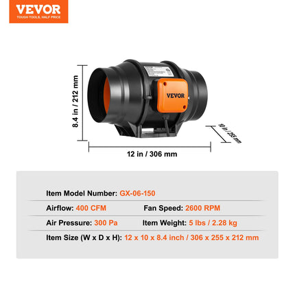 Kanalinis ventiliatorius VEVOR GX-06-150, 152,4 mm