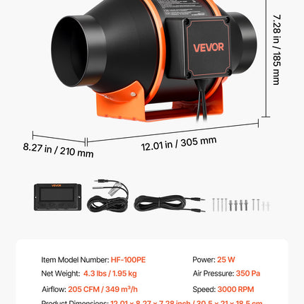 Kanalinis ventiliatorius VEVOR HF-100PE, 349 m³/h