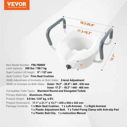 Paaukštinta tualeto sėdynė VEVOR FBL760602, 12,7 cm aukščio