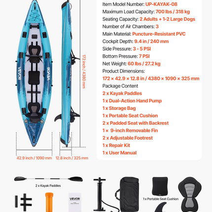 Pripučiama baidarė VEVOR UP-KAYAK-08, 318 kg keliamoji galia