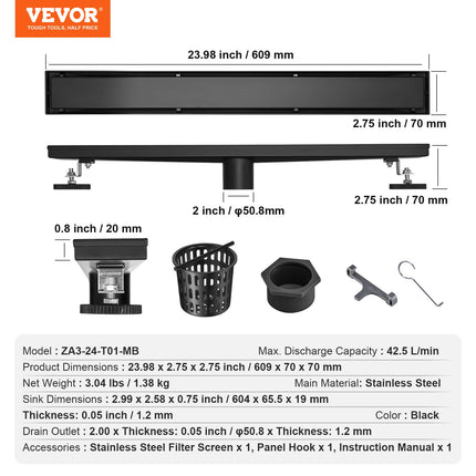 Linijinis dušo latakas VEVOR ZA3-24-T01-MB, 610 mm