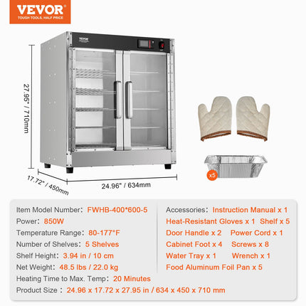 Maisto šildymo vitrina VEVOR FWHB-400*600-5, 5 lentynos, 850W