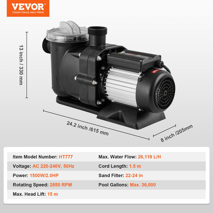 Antžeminių baseinų siurblys VEVOR HT777, 1500W (2 AG)