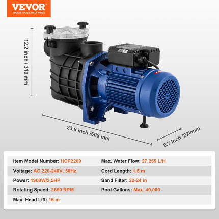 Antžeminių baseinų siurblys VEVOR HCP2200, 1900 W