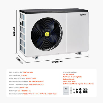 Elektrinis baseino šilumos siurblys VEVOR VBPYCE-150, 15,25 kW
