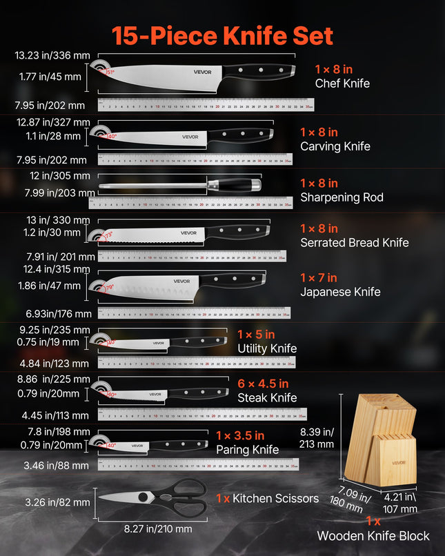 Virtuvinių peilių rinkinys VEVOR KD45P71MM40-15PCS, 15 dalių