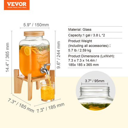 Gėrimų dozatorius VEVOR, 2 x 3,8 l, su mediniu stovu