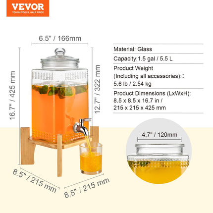Gėrimų dozatorius VEVOR stiklinis su stovu, 5,5 l