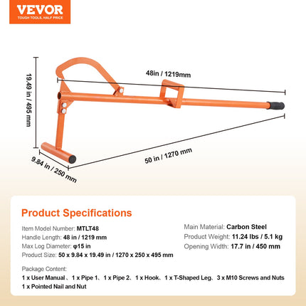 Rąstų kėliklis VEVOR MTLT48, 122 cm ilgio