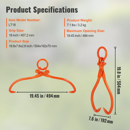 Rąstų tempimo žnyplės VEVOR LT18, 350 kg keliamoji galia