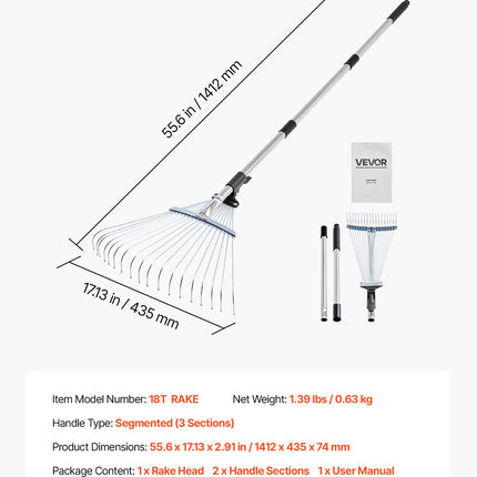 Lapų grėblys VEVOR 18T RAKE, reguliuojamas plotis 19,5–43,5 cm