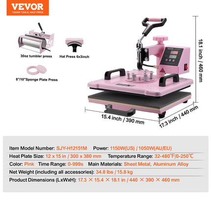 Termopresas VEVOR SJY-H12151M, 5-in-1, 30,5x38,1 cm