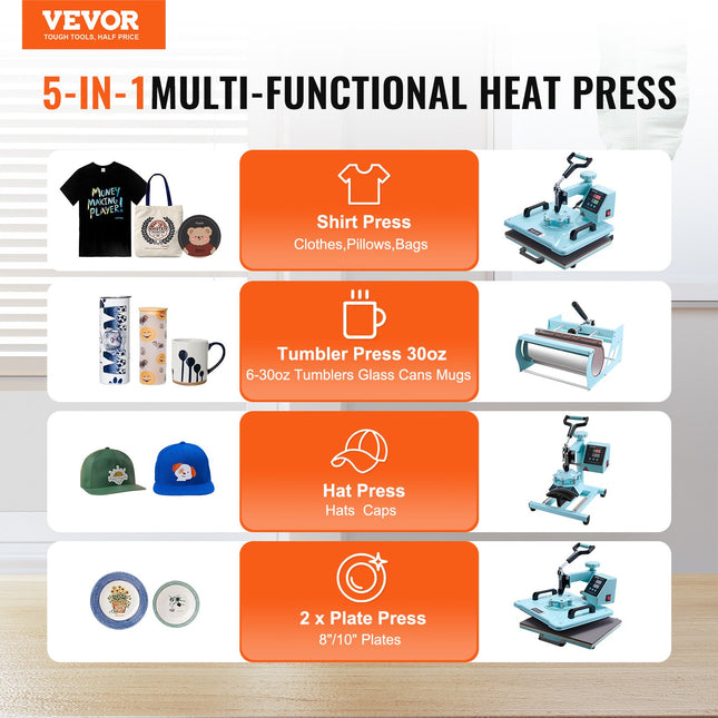 Karšto spaudimo termopresas VEVOR SJY-H12151M, 5-in-1 komplektas
