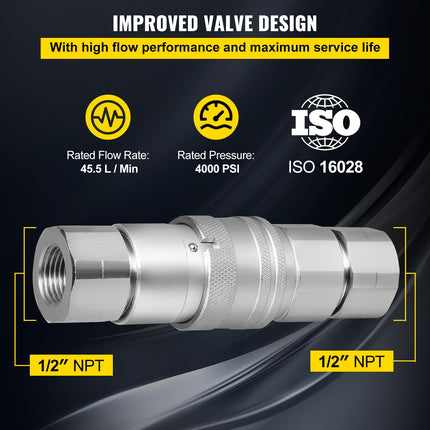 Hidraulinės greitosios jungtys VEVOR ISO 16028, 1/2" NPT (12 porų)