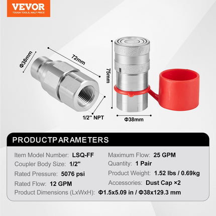 Hidraulinės greitosios jungtys VEVOR LSQ-FF, 1/2" NPT