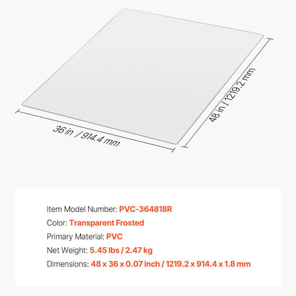 Kėdės kilimėlis VEVOR PVC-364818R, 915 x 1225 mm
