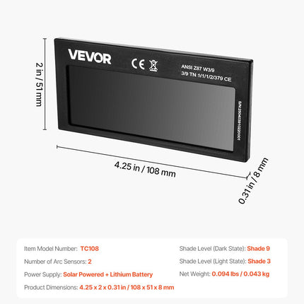 Automatinis suvirinimo filtras VEVOR TC108, 108 x 51 mm