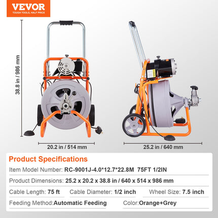 Vamzdžių valymo mašina VEVOR RC-9001J, 23 m x 12,7 mm trosas
