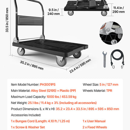 Sulankstomas platforminis vežimėlis VEVOR PH3001PS, 453,6 kg keliamoji galia