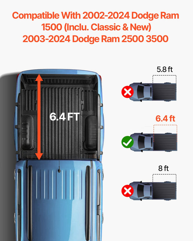 Keturių dalių pikapo kėbulo uždangalas VEVOR Dodge Ram 1500/2500/3500, 6.4' kėbului