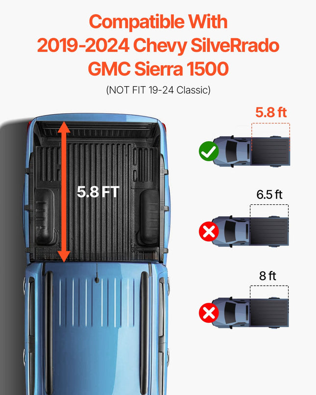 Sulankstomas pikapo kėbulo uždangalas VEVOR Chevy Silverado / GMC Sierra 1500 (2019-2024), 5'8" kėbului