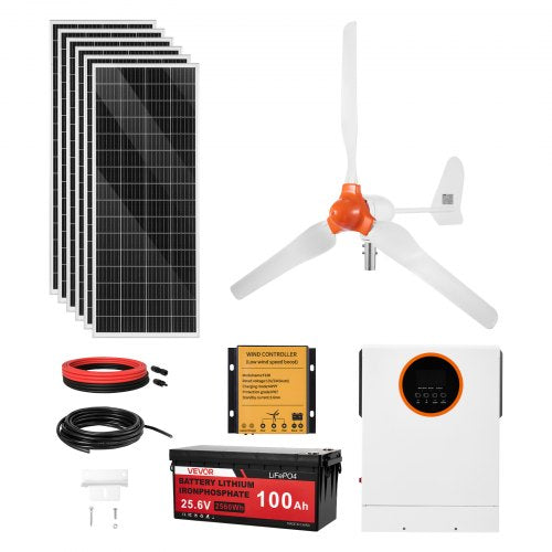 Saulės ir vėjo energijos sistemų rinkinys VEVOR 24V 1000W, 3000W inverteris
