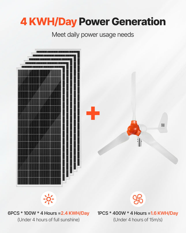 Saulės ir vėjo energijos sistemų rinkinys VEVOR 24V 1000W, 3000W inverteris
