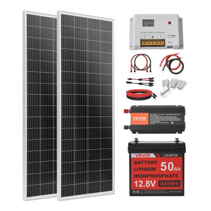 Saulės elektrinės komplektas VEVOR 200W, 12V su 50Ah akumuliatoriumi ir 800W inverteriu