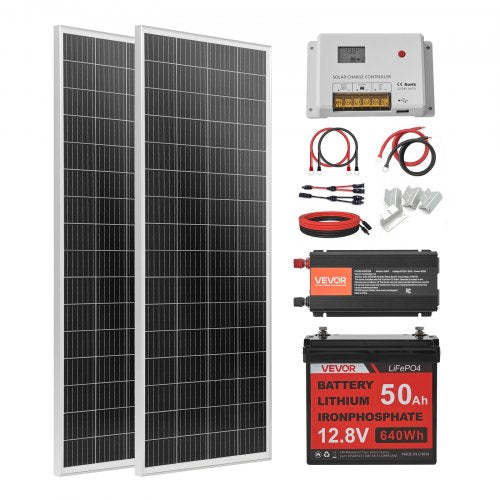 Saulės elektrinės komplektas VEVOR 200W, 12V su 50Ah akumuliatoriumi ir 800W inverteriu