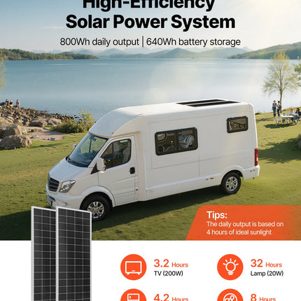 Saulės elektrinės komplektas VEVOR 200W, 12V su 50Ah akumuliatoriumi ir 800W inverteriu