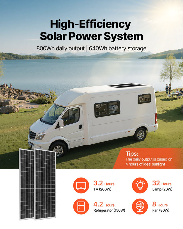 Saulės elektrinės komplektas VEVOR 200W, 12V su 50Ah akumuliatoriumi ir 800W inverteriu