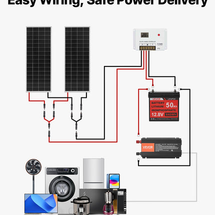 Saulės elektrinės komplektas VEVOR 200W, 12V su 50Ah akumuliatoriumi ir 800W inverteriu