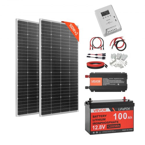 Saulės elektrinės komplektas VEVOR 400W 12V, su 100Ah LiFePO₄ akumuliatoriumi ir 1000W inverteriu