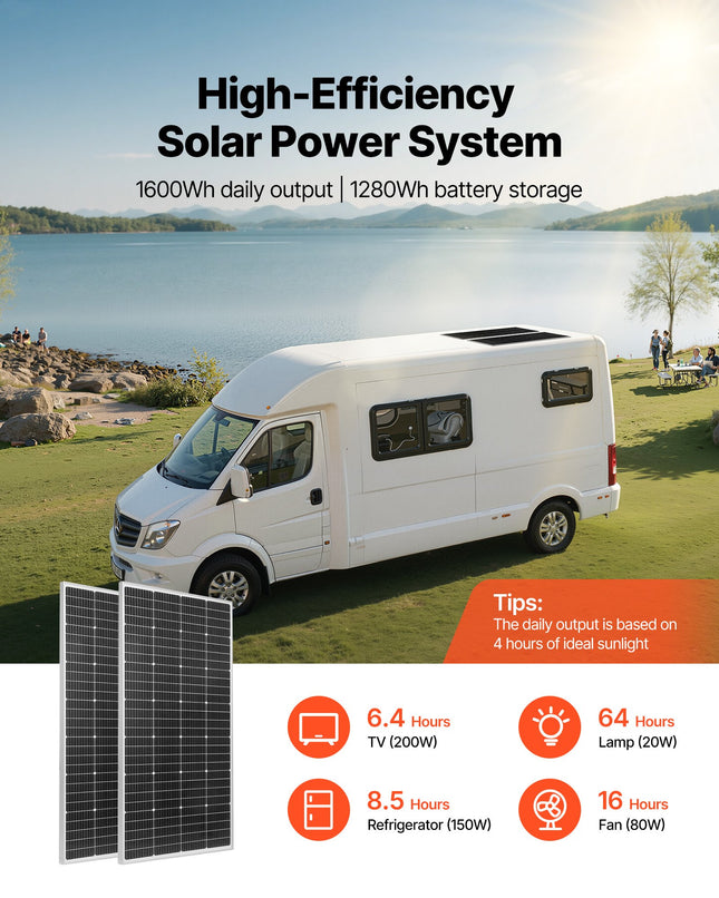 Saulės elektrinės komplektas VEVOR 400W 12V, su 100Ah LiFePO₄ akumuliatoriumi ir 1000W inverteriu
