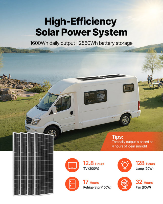 Saulės elektrinės komplektas VEVOR 400W 12V, su 200Ah LiFePO4 akumuliatoriumi