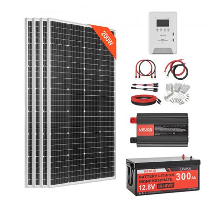 Saulės elektrinės komplektas VEVOR 800W 12V, 300Ah LiFePO₄ akumuliatorius